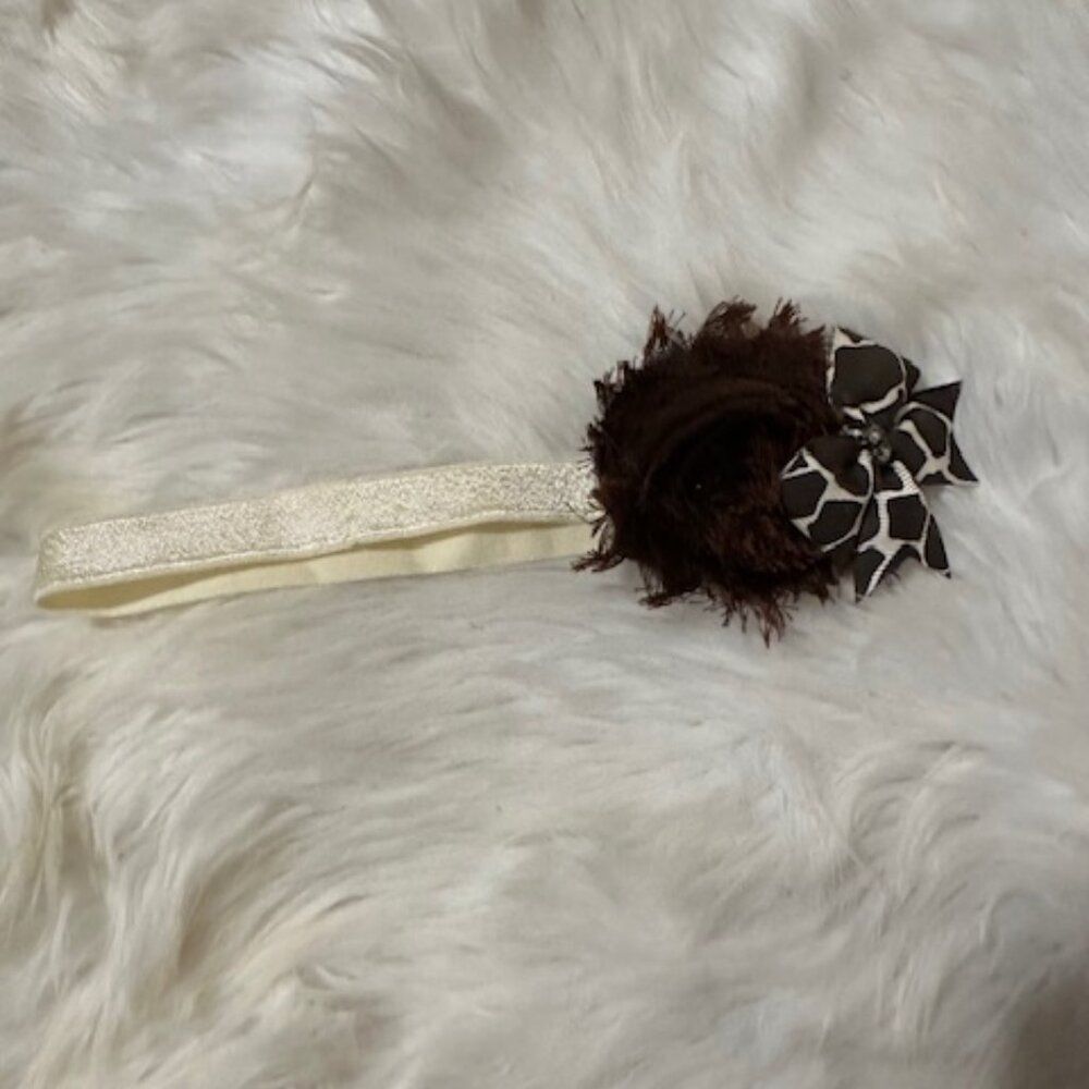 Brown 2" Shabby Flower with Giraffe Bow on FOE elastic headband  7590  Handmade